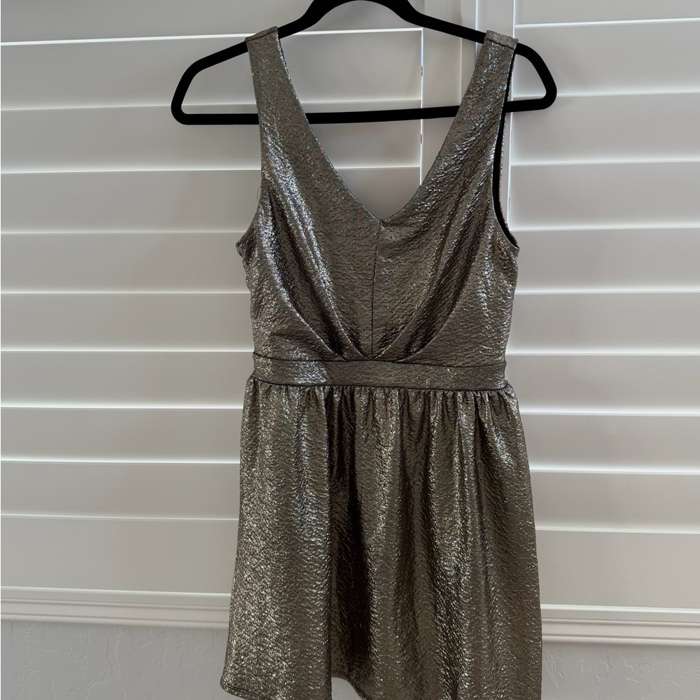 one clothing Metallic Silver V-Neck Mini Dress